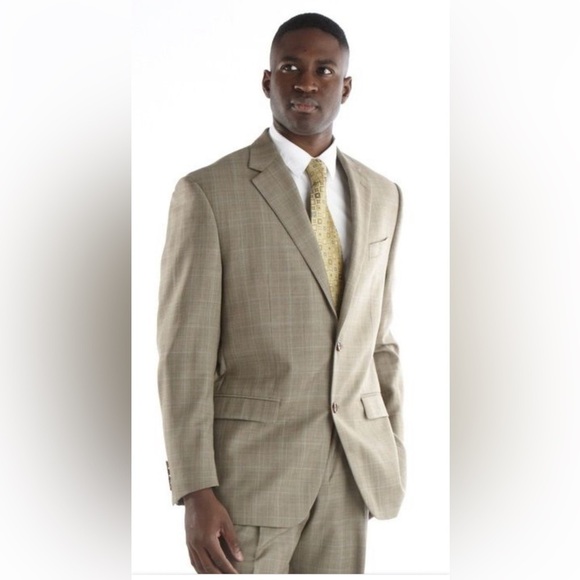 Lauren Ralph Lauren 100% Wool Executive Suit Beige Windowpane Coat Size 40 R - Picture 1 of 10